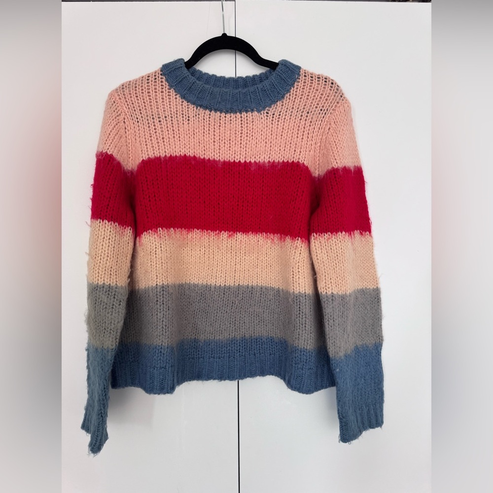 Aqua Pink and Red Crew Neck Sweater with Knit Texture